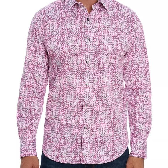EUC Men's Robert Graham Pink White Print Betts Flip Cuff Stretch Shirt Sz SMALL - Picture 1 of 8